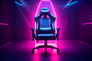 Fototapeta na wymiar Gamer ergonomic chair in neon light room