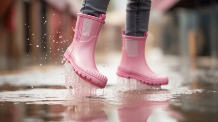 Close up of girl in pink rubber boots, rainy weather 