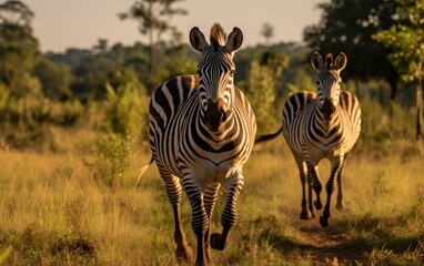Fototapeta na wymiar Zebras running in the wild suitable for nature and wildlife content