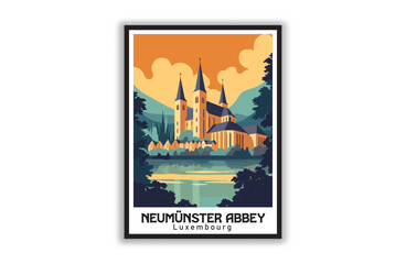 Neumünster Abbey, Luxembourg. Vintage Travel Posters. Vector illustration, art. Famous Tourist Destinations Posters Art Prints Wall Art and Print Set Abstract Travel for Hikers Campers Living Room Dec