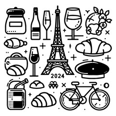 Illustration set related to simple and cute France (monochrome). France symbols vector icon set. Popular French landmarks, food and attractions.