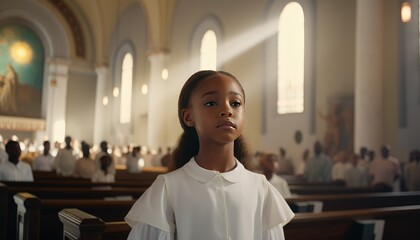 Young girl in a church during a service - obrazy, fototapety, plakaty