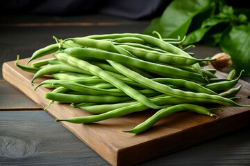 Fresh green pea pods on a wooden cutting board