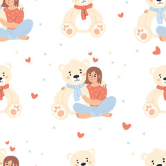 Seamless pattern with happy  happy woman hugging   bear toy