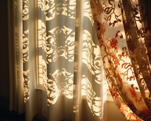 Warm sunlight casting shadows through ornate curtains creating a tranquil mood