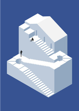 illustrates the structure of a Roman staircase or step with an interwoven form, like the maze game Monument Valley, Architectural Psychology. Isometric view of building vector in blue
