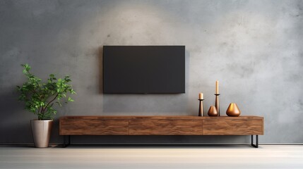 In a modern living room that has an armchair and a 3d rendering of a plant, a tv cabinet is shown against a concrete wall background.