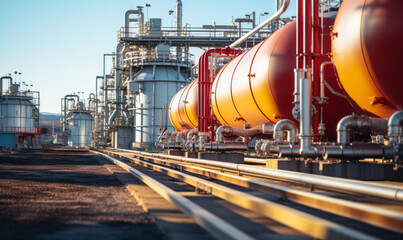 Industrial landscape: Detailed view of gas and chemical plant infrastructure with storage tanks, pipelines, and modern machinery - Powered by Adobe
