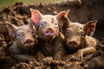 Three little pigs playing in mud suitable for children's books or farming concept