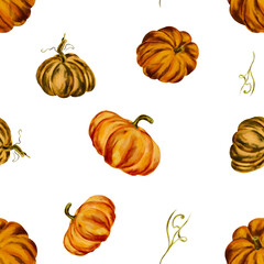 Seamless pattern of watercolor pumpkins. Autumn background with yellow pumpkins. Pumpkins highlighted on a white background. For textiles, banners, packaging and printing