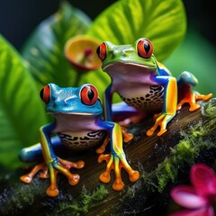 Colorful Red-eyed Tree Frogs in Natural Habitat