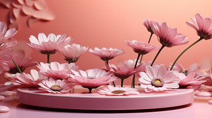 Background products minimal podium scene with pink flowers podium for products in pink color in cute style for celebration: Valentine’s Day, Mothers Day, 8 March, Wedding Day.