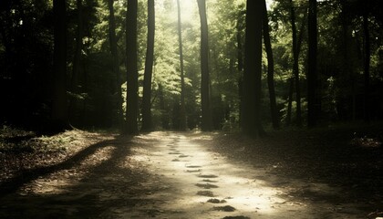 Mystical Forest Path with Sunlight for Relaxation and Nature Themes