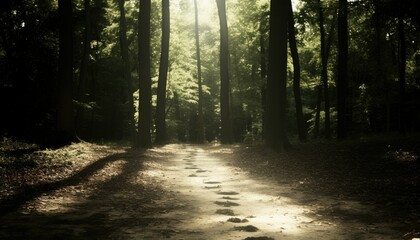 Fototapeta premium Mystical Forest Path with Sunlight for Relaxation and Nature Themes