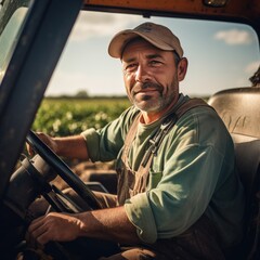 Obraz premium Mature Farmer Driving a Tractor in a Field