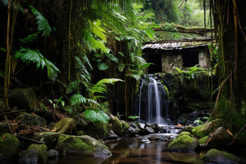 Fototapeta premium a hut in the jungle with waterfall. Generative Ai