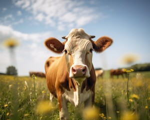 Close-up of a Brown and White Cow in a Flower Field on a Sunny Day