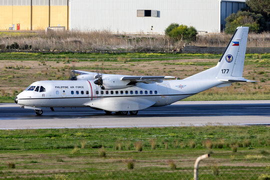 Luqa, Malta - December 15, 2023: Philippines Air Force Airbus C-295M (Reg.: 177) departing on its ferry flight after a night stop.