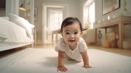 Cute little baby looking at the camera and learning to crawl on the floor in a bright living room.  card, banner, health, space for text. High quality photo