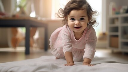 Fototapeta premium Cute little baby looking at the camera and learning to crawl on the floor in a bright living room. card, banner, health, space for text. High quality photo