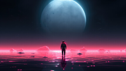 Naklejka premium Futuristic Neon Pink Astronaut on Moonlit Water, Surreal Minimalist View