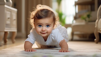 Naklejka premium Cute little baby looking at the camera and learning to crawl on the floor in a bright living room. card, banner, health, space for text. High quality photo