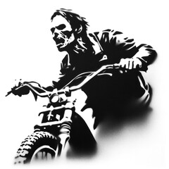 a zombie biker in stencil-art style,black and white, generative ai