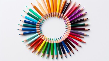 A symmetrical composition of felt-tip pens arranged in a circular pattern, casting playful shadows on a spotless white background. - obrazy, fototapety, plakaty