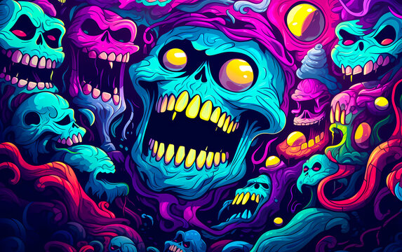 wallpaper art of psychedelic vivid colored skulls, illustration