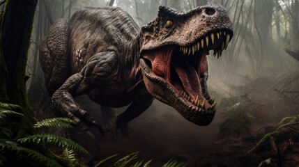 Dinosaur rips through a prehistoric forest