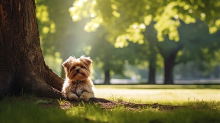 Dog in summer park under tree