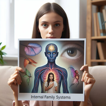 Internal Family Systems IFS Therapy, Woman Girl Holding a Picture of Her Inner Child Watching Sub-Personalities Ancestral Generational Trauma Healing Mental Health Psychotherapy Treatment Concept