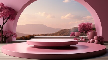 Background products minimal podium scene on nature podium for products in pink color in cute style 3D render. - obrazy, fototapety, plakaty