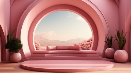 Background products minimal podium scene on nature podium for products in pink color in cute style 3D render. - obrazy, fototapety, plakaty