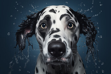 Un chien dalmatien mouillé jouant dans l'eau