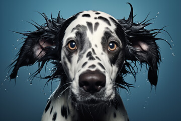 Un chien dalmatien mouillé jouant dans l'eau