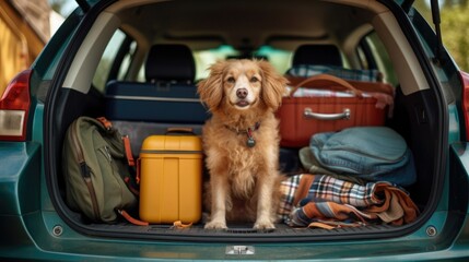 Dog sitting in a car trunk ready for a vacation trip 