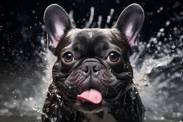 Un chien bouledogue français mouillé jouant dans l'eau