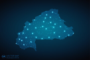 Obraz premium Burkina Faso map radial dotted pattern in futuristic style, design blue circle glowing outline made of stars. concept of communication on dark blue background. Vector illustration EPS10