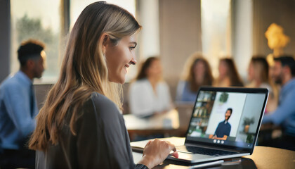 Fototapeta premium Remote Business Conference: Young Caucasian Businesswoman on Laptop with Colleague in Cyberspace