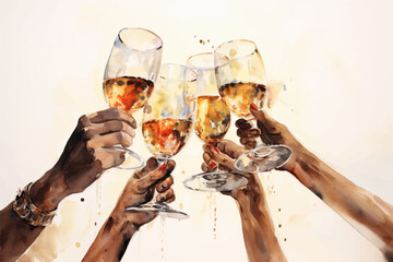 Watercolour style illustration of people toasting with champagne or wine glasses. Generative ai - obrazy, fototapety, plakaty