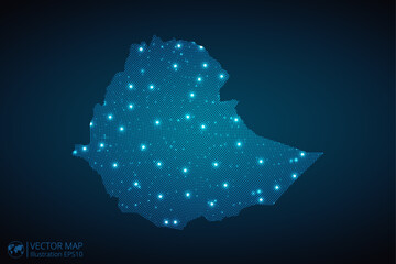 Ethiopia map radial dotted pattern in futuristic style, design blue circle glowing outline made of stars. concept of communication on dark blue background. Vector illustration EPS10