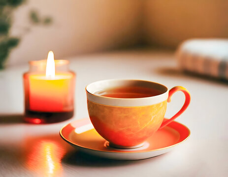 A peach fuzz colored cup of tea next to a candle