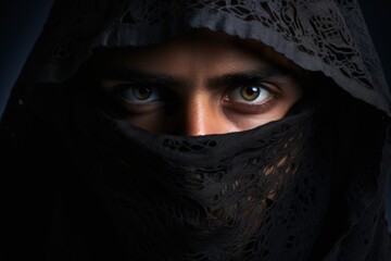 Naklejka premium Ninja warrior with black clothes, hood and black mask, ancient martial arts concept. Generative AI