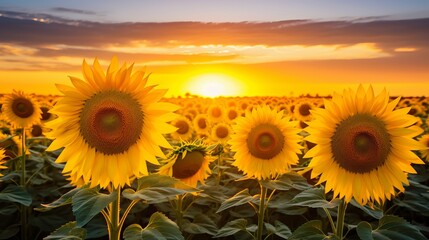 At sunset in the summer, there is a sunflower field