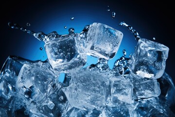 Illustration of various ice cubes, blue background. Generative AI