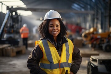 Black woman civil engineer with helmet working on a construction site, construction in the background. Generative AI - obrazy, fototapety, plakaty
