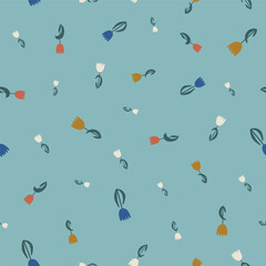 Tulips ditsy pattern on pale turquoise background. Playful floral repeated design, flat, all-over composition