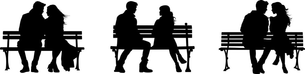 Different silhouettes of couples sitting on benches, romantic park scene in minimalist composition. AI generated illustration.