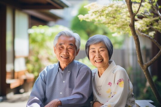 Happy elderly Japanese couple sitting on the porch of their house. Generative AI